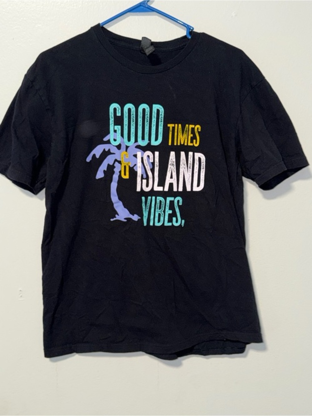 Gildan Black Tee with Aqua, Yellow, Purple & White Island Graphic